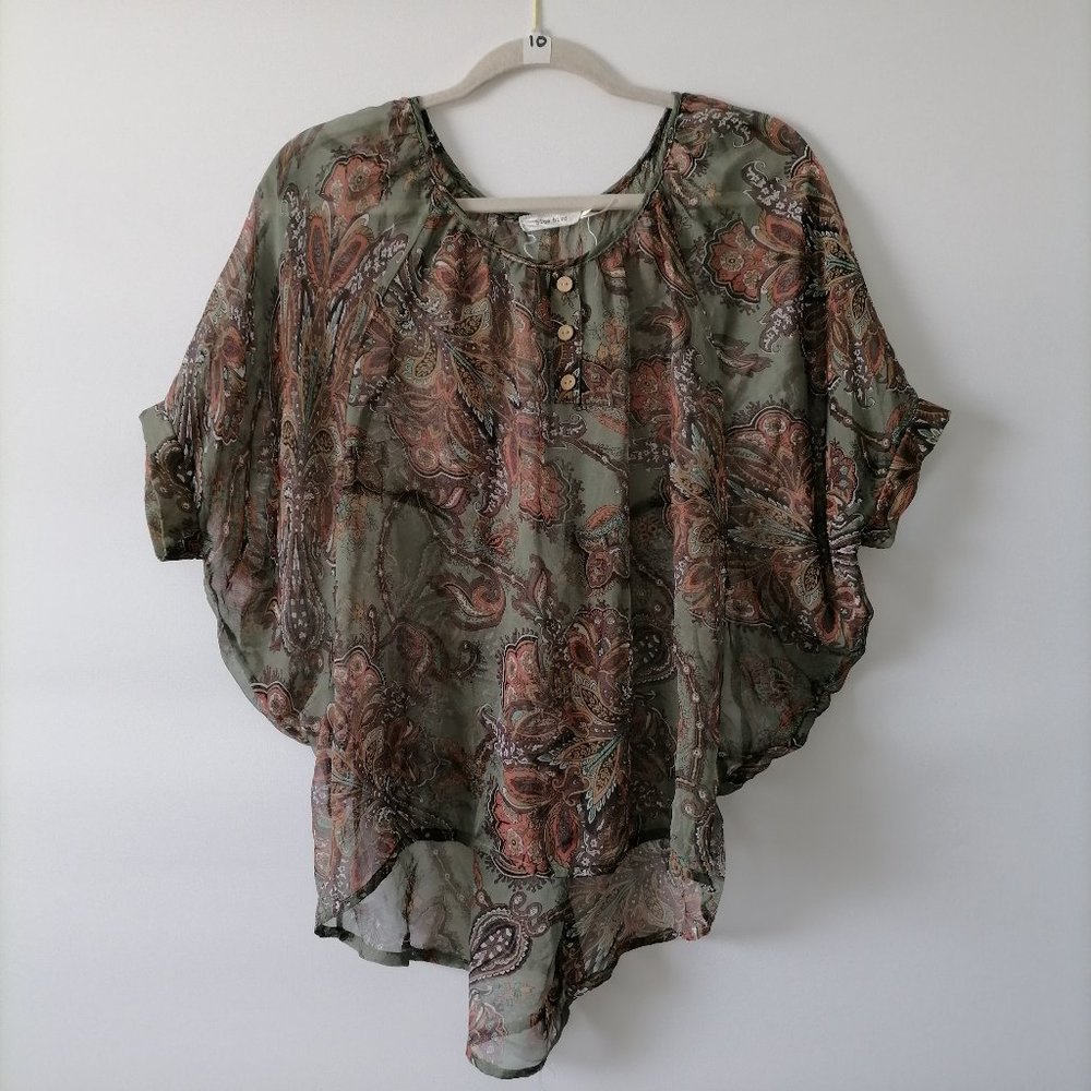 Blue Bird Women's See Through Floral Green Brown Top Size Small S Batwing Sleeve